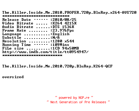 NFO for the release The.Killer.Inside.Me.2010.PROPER.720p.BluRay.x264-AVS720 by AVS720