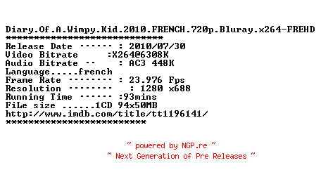 NFO for the release Diary.Of.A.Wimpy.Kid.2010.FRENCH.720p.Bluray.x264-FREHD by FREHD