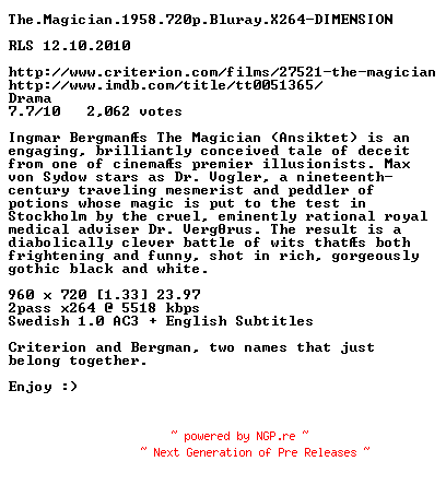 NFO for the release The.Magician.1958.720p.Bluray.X264-DIMENSION by DIMENSION
