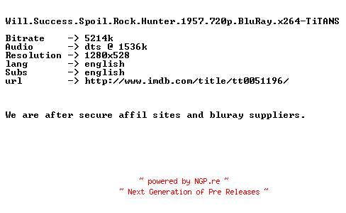 NFO for the release Will.Success.Spoil.Rock.Hunter.1957.720p.BluRay.x264-TiTANS by TiTANS