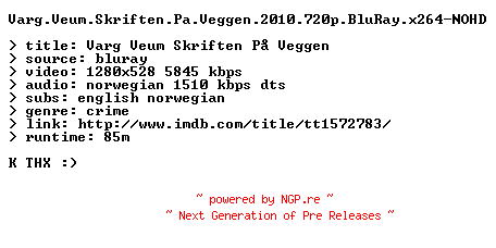 NFO for the release Varg.Veum.Skriften.Pa.Veggen.2010.720p.BluRay.x264-NOHD by NOHD