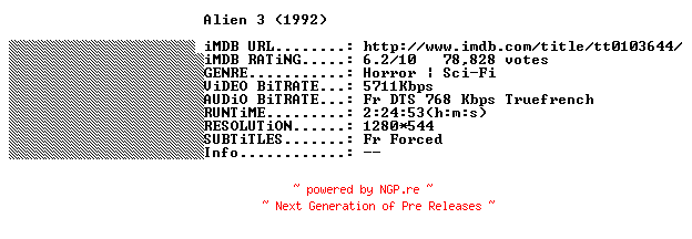 NFO for the release Alien.3.1992.Special.Edition.FRENCH.720p.BluRay.x264-THENiGHTMAREiNHD by THENiGHTMAREiNHD
