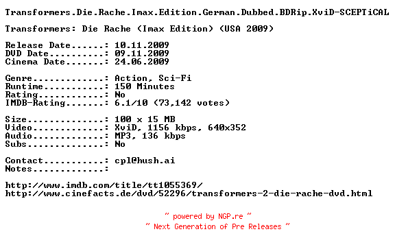 NFO for the release Transformers.Die.Rache.Imax.Edition.German.Dubbed.BDRip.XviD-SCEPTiCAL by SCEPTiCAL