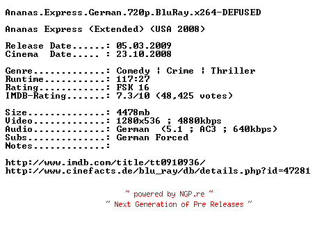 NFO for the release Ananas.Express.German.720p.BluRay.x264-DEFUSED by DEFUSED