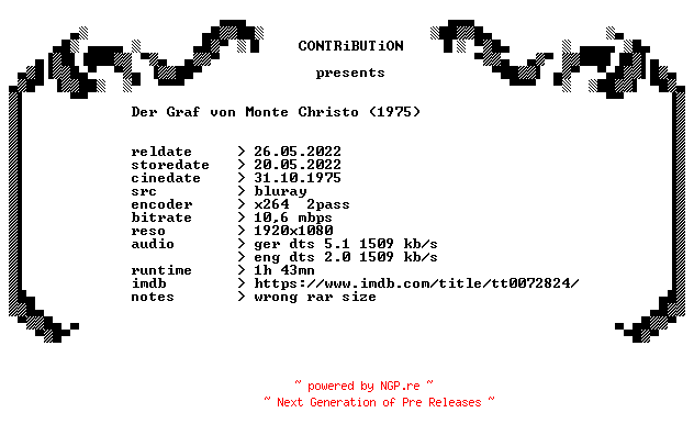NFO for the release Der.Graf.von.Monte.Cristo.1975.German.DL.1080p.BluRay.x264.REPACK-CONTRiBUTiON by CONTRiBUTiON