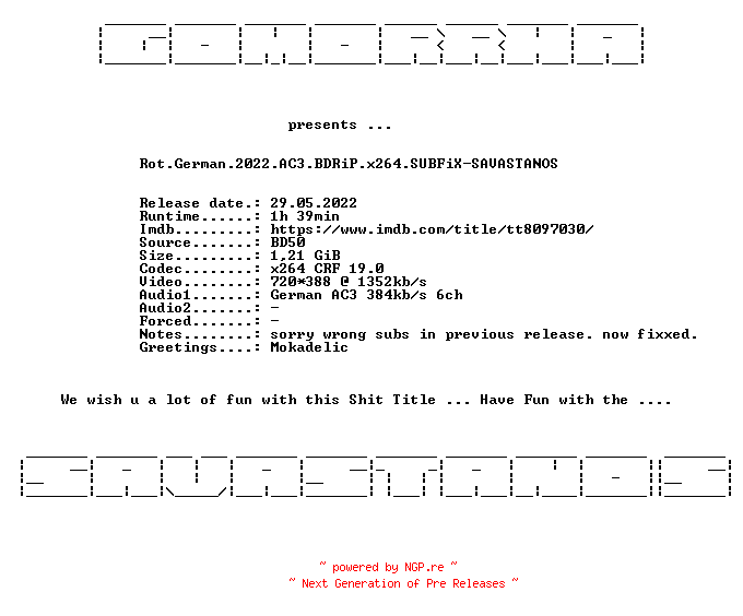 NFO for the release Rot.German.2022.AC3.BDRiP.x264.SUBFiX-SAVASTANOS by SAVASTANOS