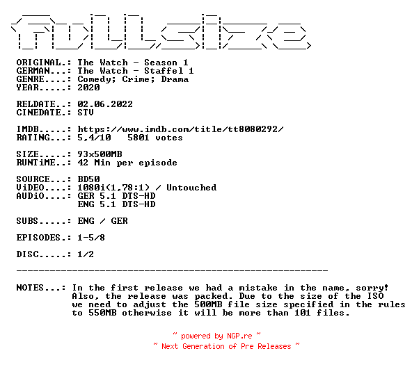 NFO for the release The.Watch.2021.S01D01.DUAL.COMPLETE.BLURAY.REPACK.READ.NFO-FULLSiZE by FULLSiZE