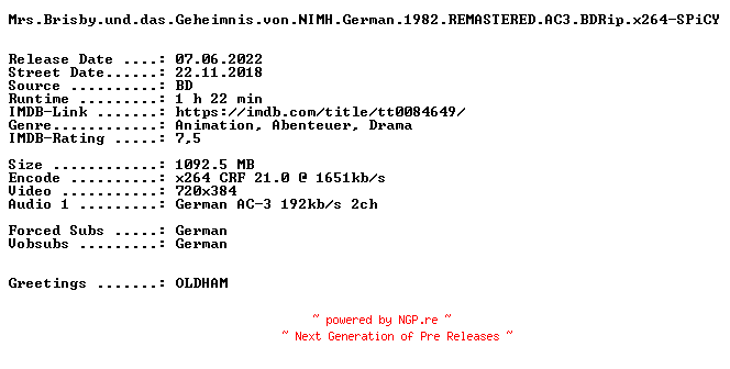 NFO for the release Mrs.Brisby.und.das.Geheimnis.von.NIMH.German.1982.REMASTERED.AC3.BDRip.x264-SPiCY by SPiCY