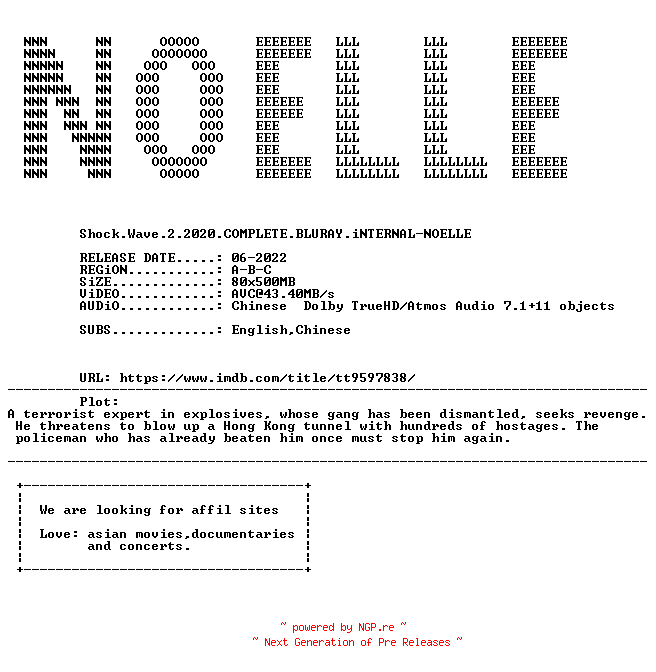 NFO for the release Shock.Wave.2.2020.COMPLETE.BLURAY.iNTERNAL-NOELLE by NOELLE