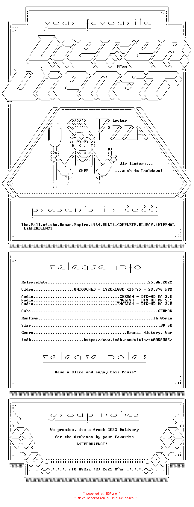 NFO for the release The.Fall.of.the.Roman.Empire.1964.MULTi.COMPLETE.BLURAY.iNTERNAL-LiEFERDiENST by LiEFERDiENST