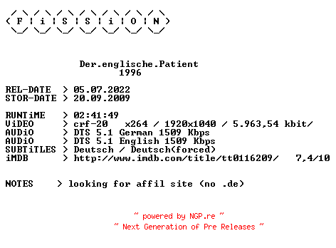 NFO for the release Der.englische.Patient.1996.German.DL.1080p.BluRay.x264.iNTERNAL-FiSSiON by FiSSiON
