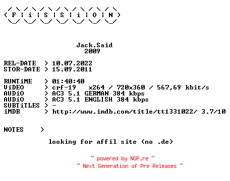 NFO for the release Jack.Said.German.2009.DL.BDRiP.x264.iNTERNAL-FiSSiON by FiSSiON