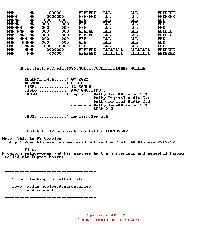 NFO for the release Ghost.In.The.Shell.1995.MULTi.COMPLETE.BLURAY.DIRFIX-NOELLE by NOELLE