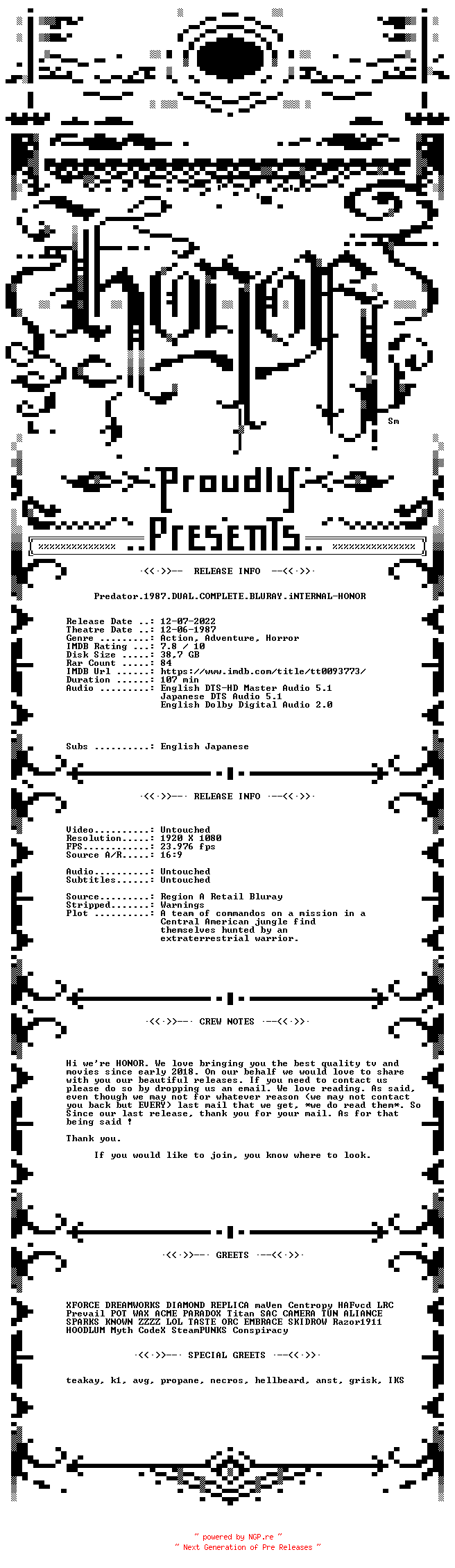 NFO for the release Predator.1987.DUAL.COMPLETE.BLURAY.iNTERNAL-HONOR by HONOR