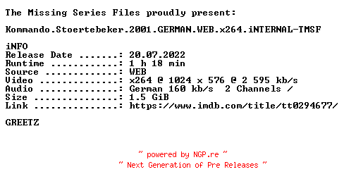 NFO for the release Kommando.Stoertebeker.2001.GERMAN.WEB.x264.iNTERNAL-TMSF by TMSF
