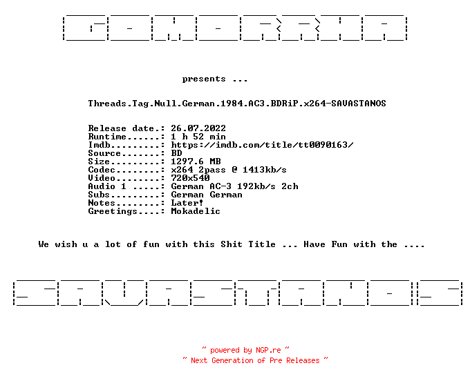 NFO for the release Threads.Tag.Null.German.1984.AC3.BDRiP.x264-SAVASTANOS by SAVASTANOS