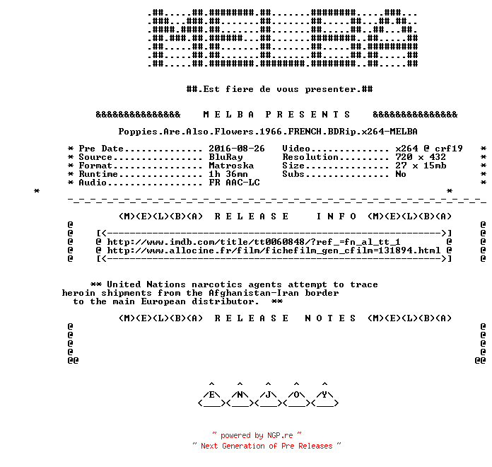 NFO for the release Poppies.Are.Also.Flowers.1966.FRENCH.BDRip.x264-MELBA by MELBA