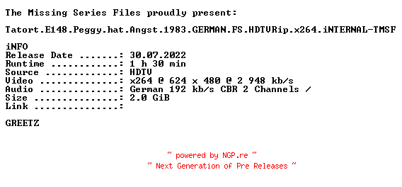 NFO for the release Tatort.E148.Peggy.hat.Angst.1983.GERMAN.FS.HDTVRip.x264.iNTERNAL-TMSF by TMSF