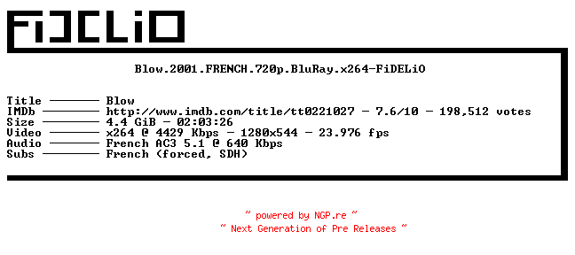 NFO for the release Blow.2001.FRENCH.720p.BluRay.x264-FiDELiO by FiDELiO