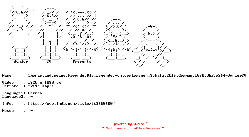 NFO for the release Thomas.und.seine.Freunde.Die.Legende.vom.verlorenen.Schatz.2015.German.1080.WEB.x264-JuniorTV by JuniorTV