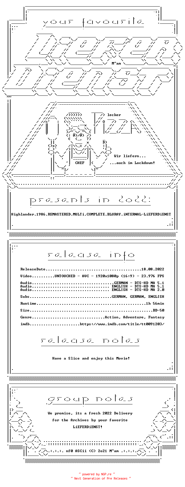 NFO for the release Highlander.1986.REMASTERED.MULTi.COMPLETE.BLURAY.iNTERNAL-LiEFERDiENST by LiEFERDiENST