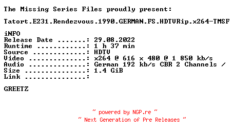 NFO for the release Tatort.E231.Rendezvous.1990.GERMAN.FS.HDTVRip.x264-TMSF by TMSF