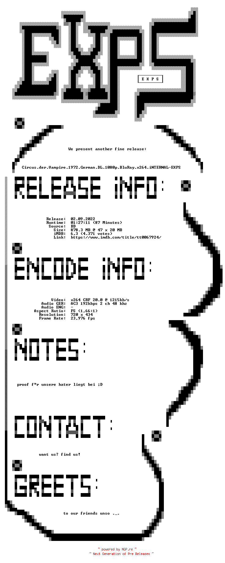 NFO for the release Circus.der.Vampire.German.1972.AC3.BDRiP.x264.iNTERNAL-EXPS by EXPS