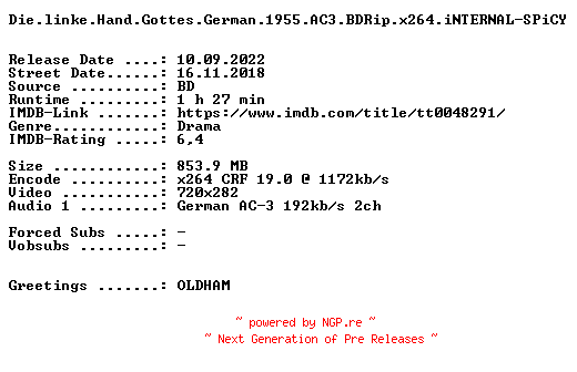 NFO for the release Die.linke.Hand.Gottes.German.1955.AC3.BDRip.x264.iNTERNAL-SPiCY by SPiCY