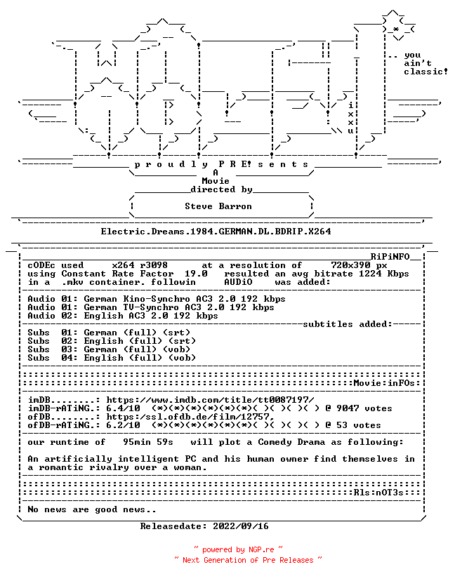 NFO for the release Electric.Dreams.1984.GERMAN.DL.BDRIP.X264-WATCHABLE by WATCHABLE