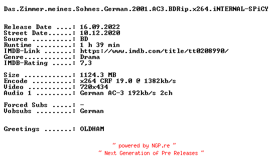 NFO for the release Das.Zimmer.meines.Sohnes.German.2001.AC3.BDRip.x264.iNTERNAL-SPiCY by SPiCY