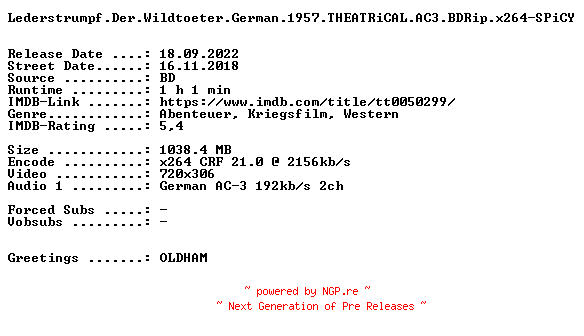 NFO for the release Lederstrumpf.Der.Wildtoeter.German.1957.THEATRiCAL.AC3.BDRip.x264-SPiCY by SPiCY