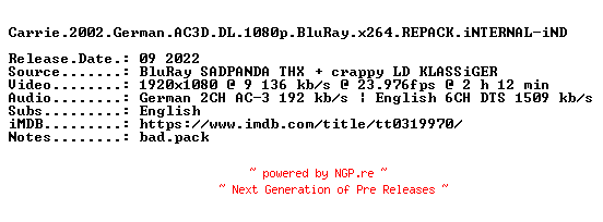 NFO for the release Carrie.2002.German.AC3D.DL.1080p.BluRay.x264.REPACK.iNTERNAL-iND by iND