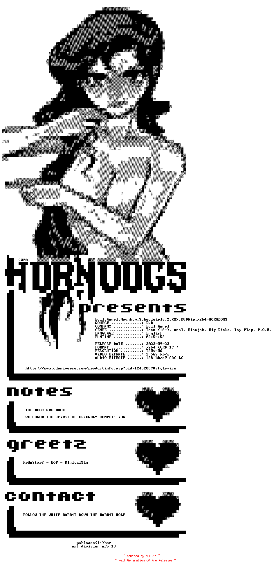 NFO for the release Evil.Angel.Naughty.Schoolgirls.2.XXX.DVDRip.x264-HORNDOGS by HORNDOGS