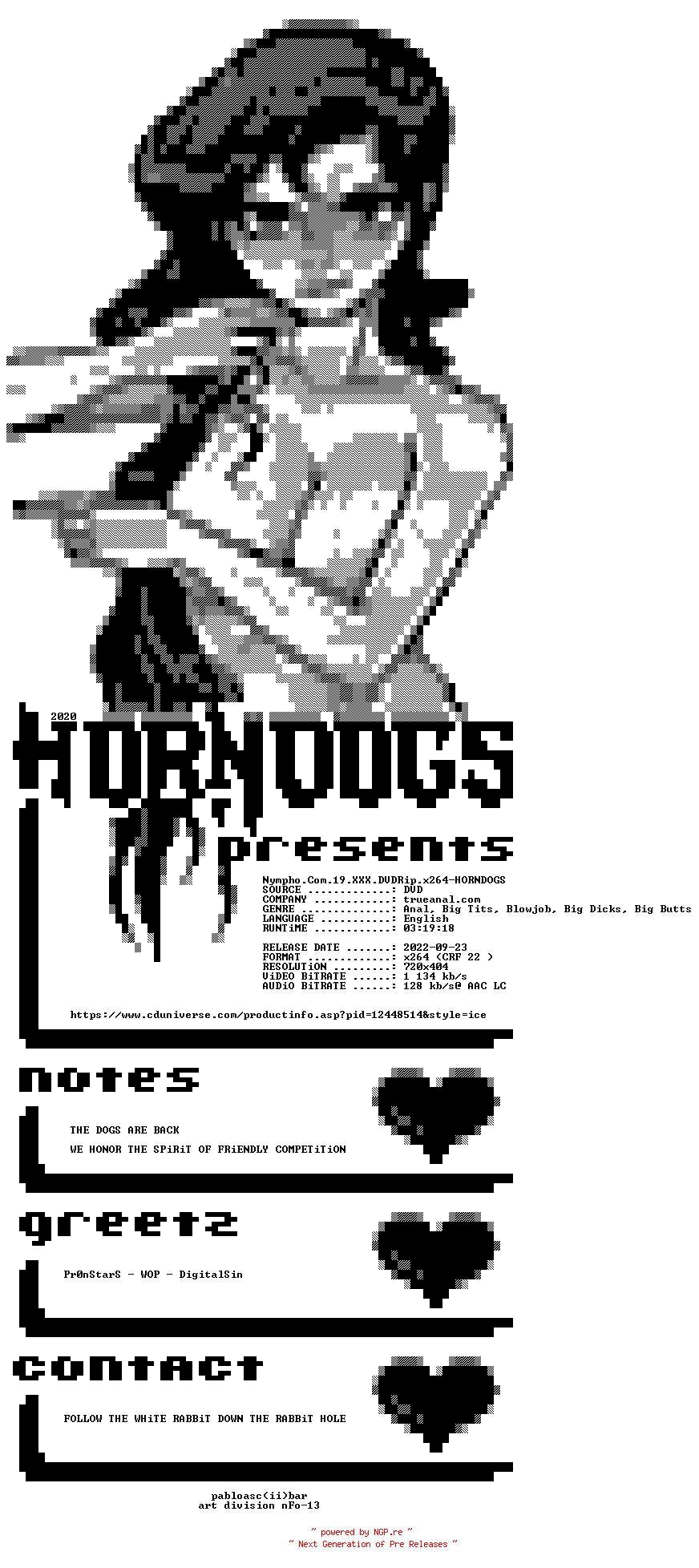 NFO for the release Nympho.Com.19.XXX.DVDRip.x264-HORNDOGS by HORNDOGS