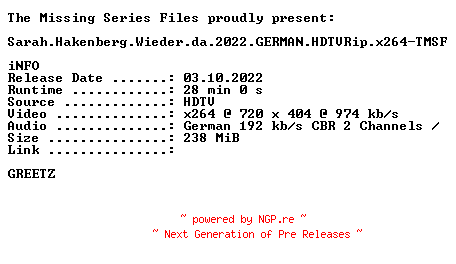 NFO for the release Sarah.Hakenberg.Wieder.da.2022.GERMAN.HDTVRip.x264-TMSF by TMSF
