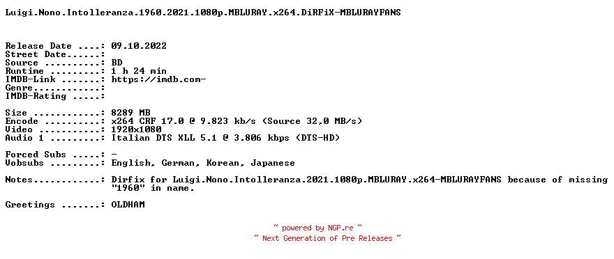 NFO for the release Luigi.Nono.Intolleranza.1960.2021.1080p.MBLURAY.x264.DiRFiX-MBLURAYFANS by MBLURAYFANS