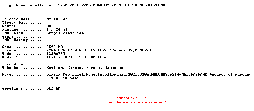 NFO for the release Luigi.Nono.Intolleranza.1960.2021.720p.MBLURAY.x264.DiRFiX-MBLURAYFANS by MBLURAYFANS