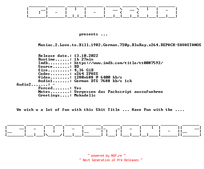 NFO for the release Maniac.2.Love.to.Kill.German.1982.AC3.BDRiP.x264.REPACK-SAVASTANOS by SAVASTANOS