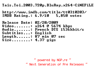 NFO for the release Tais.Toi.2003.720p.BluRay.x264-CiNEFiLE by CiNEFiLE