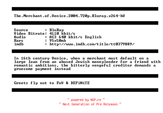 NFO for the release The.Merchant.of.Venice.2004.720p.Bluray.x264-hV by hV