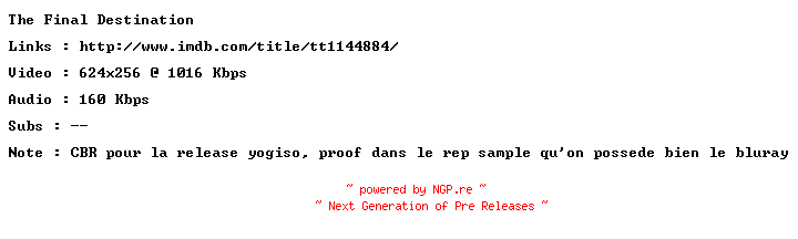 NFO for the release The.Final.Destination.2009.PROPER.FRENCH.BDRip.XviD-SURViVAL by SURViVAL
