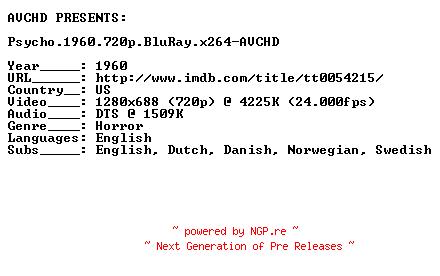 NFO for the release Psycho.1960.720p.BluRay.x264-AVCHD by AVCHD