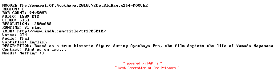 NFO for the release The.Samurai.Of.Ayothaya.2010.720p.BluRay.x264-MOOVEE by MOOVEE