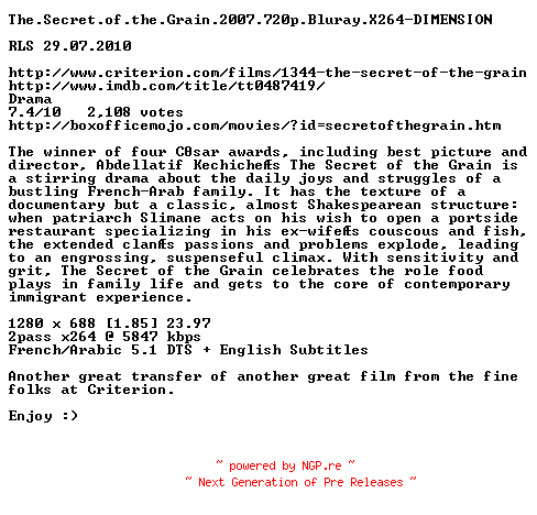 NFO for the release The.Secret.of.the.Grain.2007.720p.Bluray.X264-DIMENSION by DIMENSION