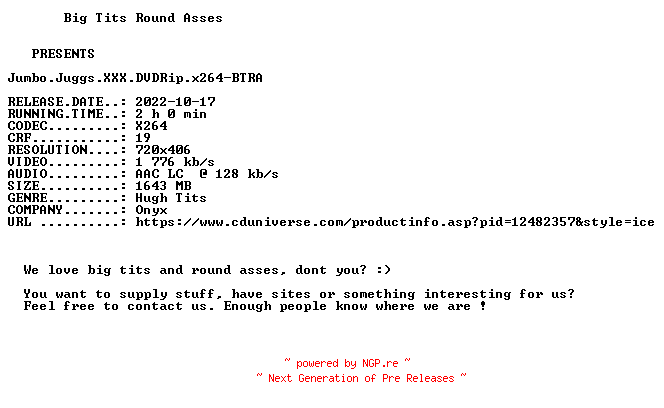 NFO for the release Jumbo.Juggs.XXX.DVDRip.x264-BTRA by BTRA