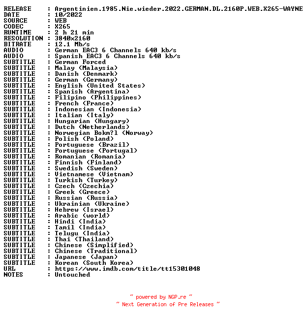 NFO for the release Argentinien.1985.Nie.wieder.2022.GERMAN.DL.2160P.WEB.X265-WAYNE by WAYNE