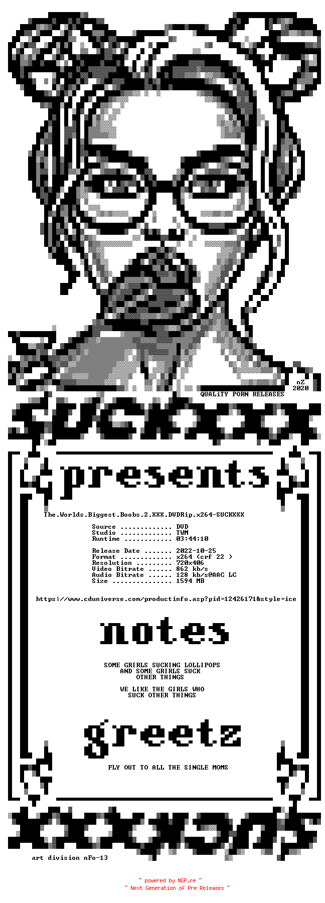 NFO for the release The.Worlds.Biggest.Boobs.2.XXX.DVDRip.x264-SUCKXXX by SUCKXXX