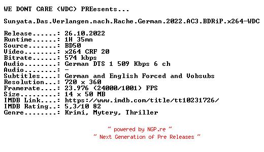 NFO for the release Sunyata.Das.Verlangen.nach.Rache.German.2022.AC3.BDRiP.x264-WDC by WDC
