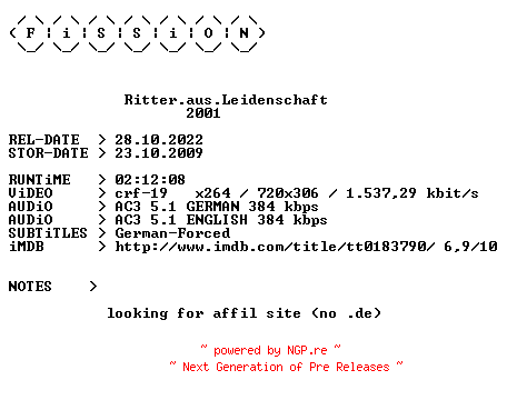 NFO for the release Ritter.aus.Leidenschaft.German.2001.DL.BDRiP.x264.iNTERNAL-FiSSiON by FiSSiON
