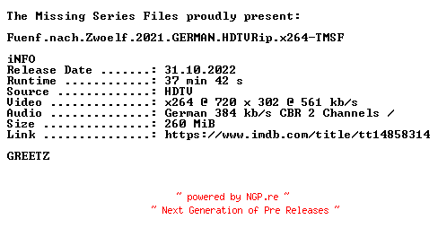 NFO for the release Fuenf.nach.Zwoelf.2021.GERMAN.HDTVRip.x264-TMSF by TMSF